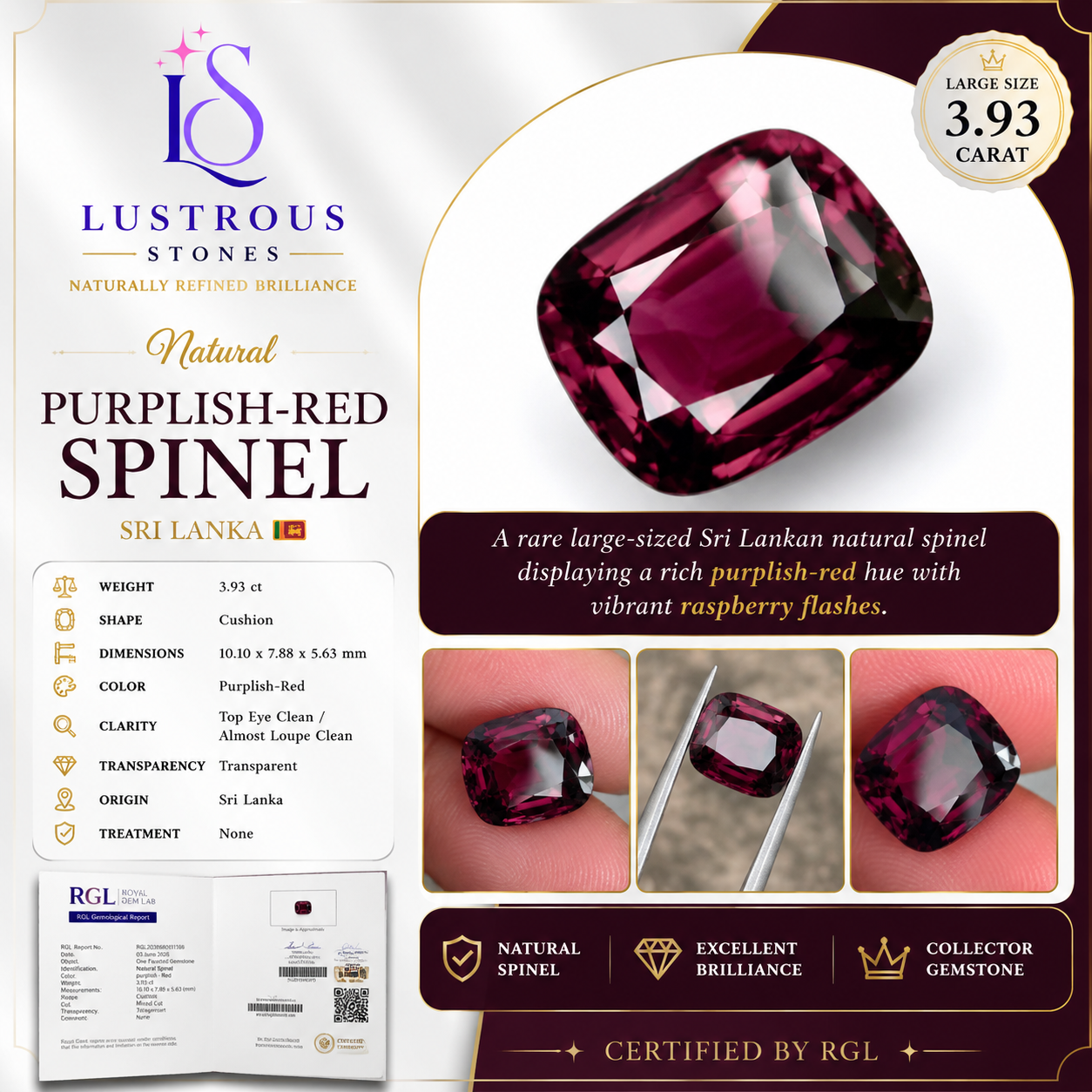 3.93ct Natural Violetish Red Spinel | Cushion Cut | Unheated