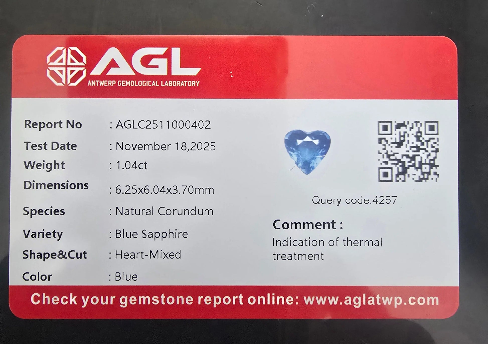 1.04 ct Natural Blue Sapphire | Heart  | Heat Treated Lustrous Stones