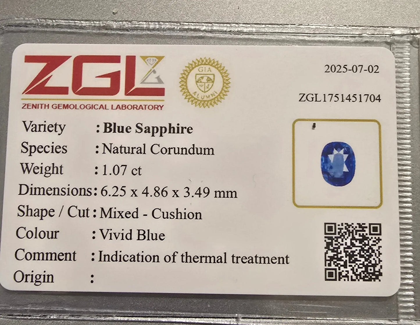 1.07Ct Natural Blue Sapphire | Cushion | Heated Lustrous Stones