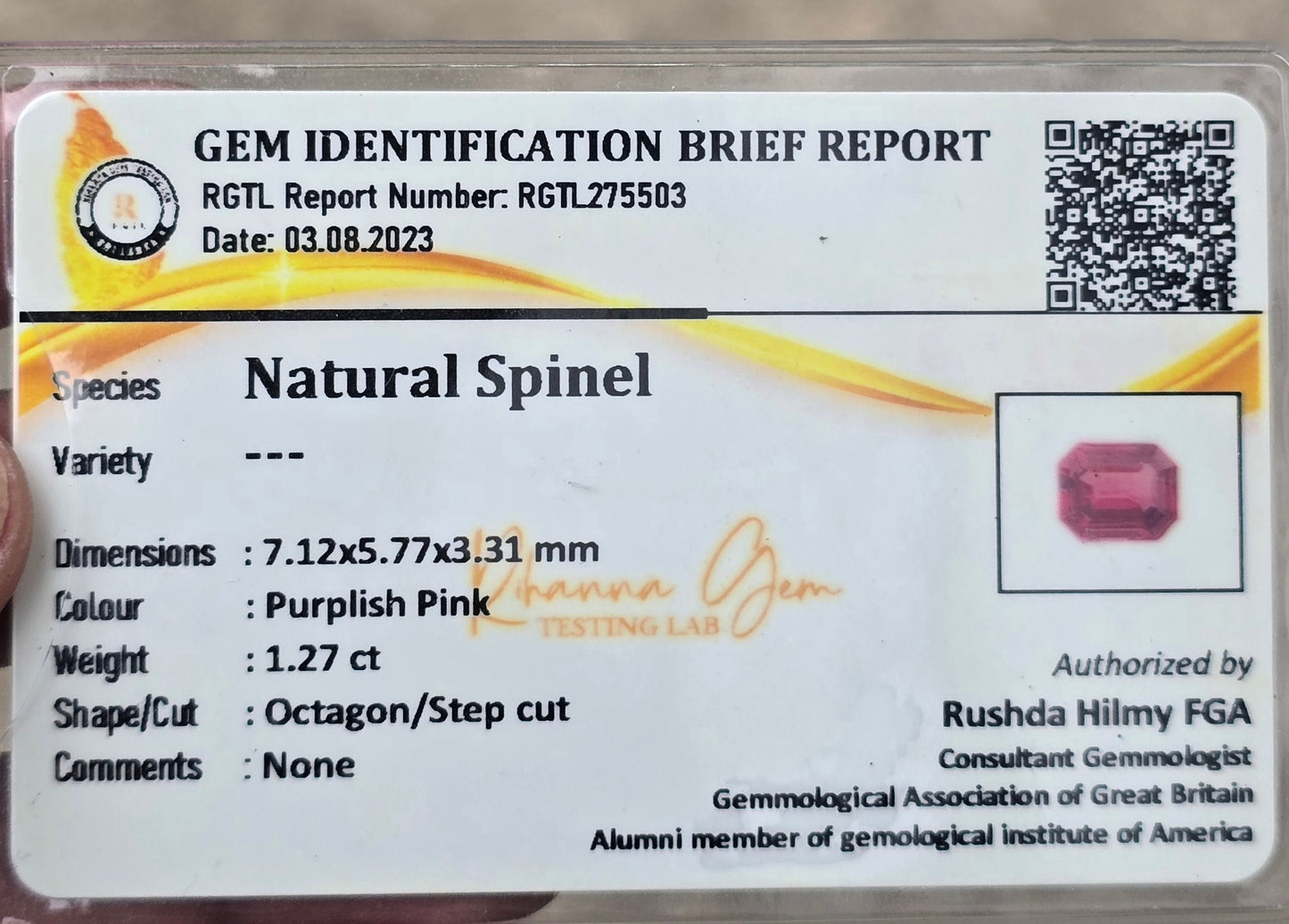 1.27 Ct Natural Pink Spinel | Octagon Shape | Unheated