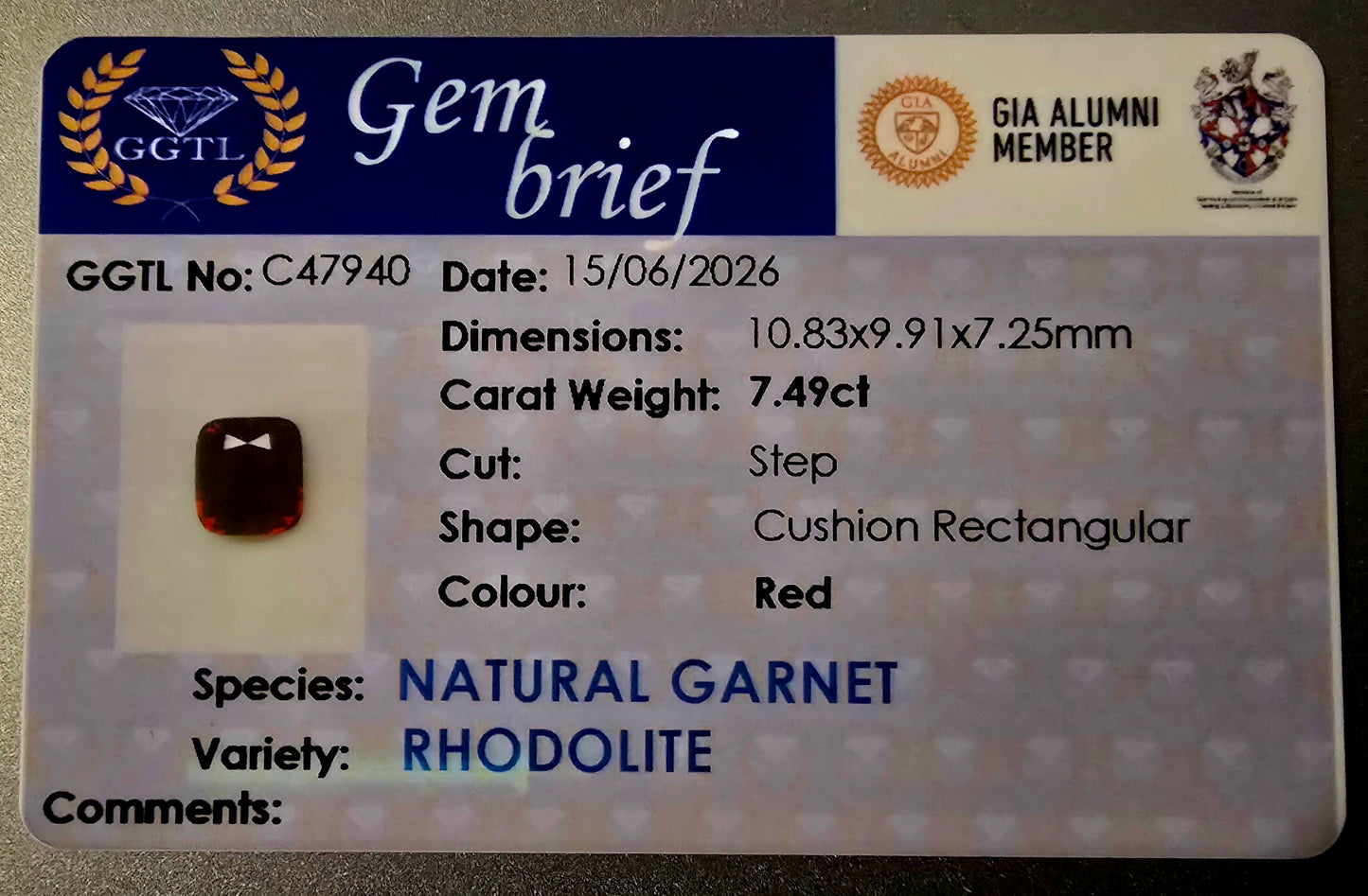 7.49 Ct Natural Rhodolite Garnet | Cushion Cut | Unheated | Ceylon