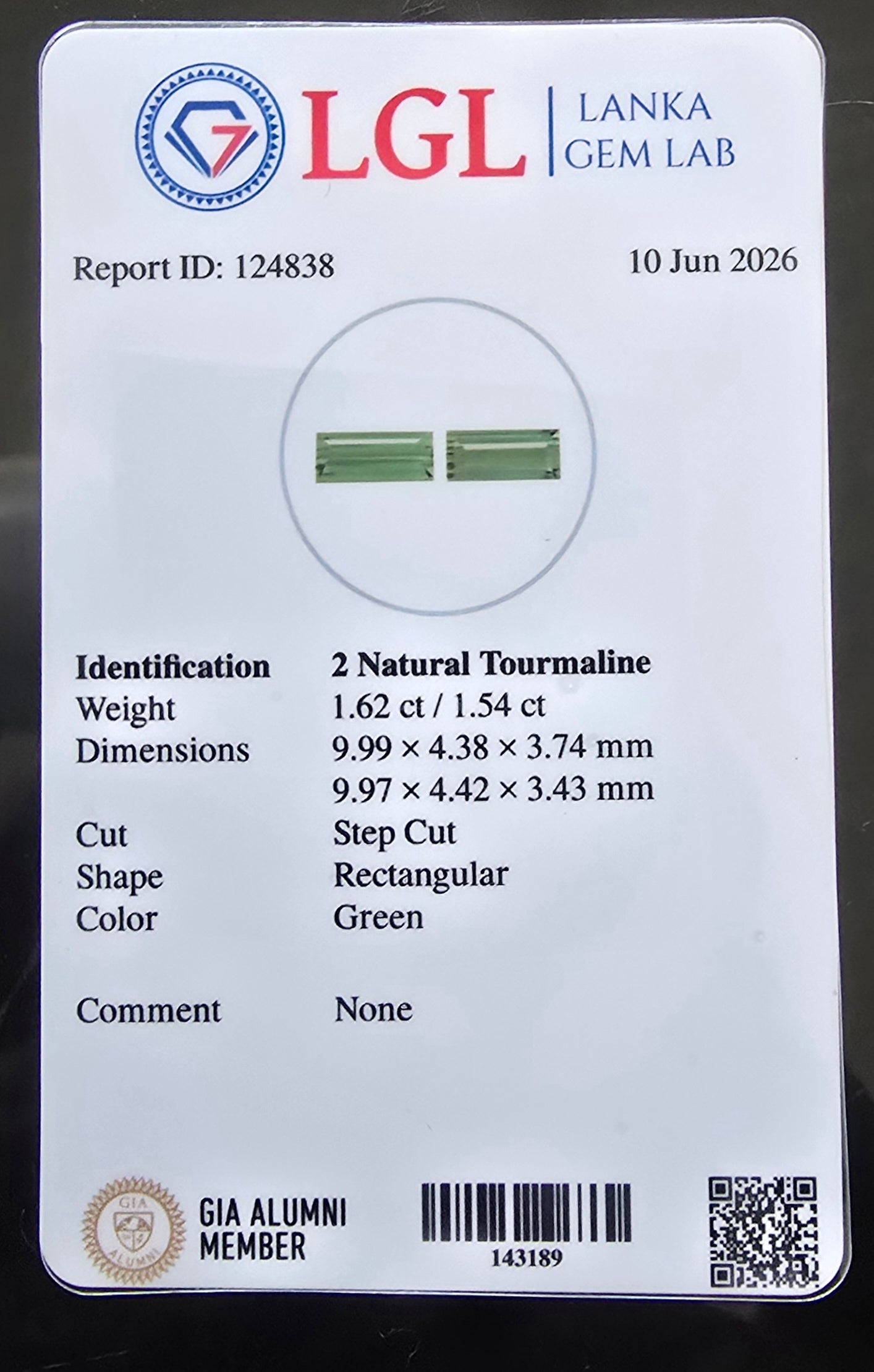 Lanka Gem Lab certificate for 1.62ct and 1.54ct natural green tourmaline pair, rectangular step cut, VVS clarity, Africa — LGL Report 124838