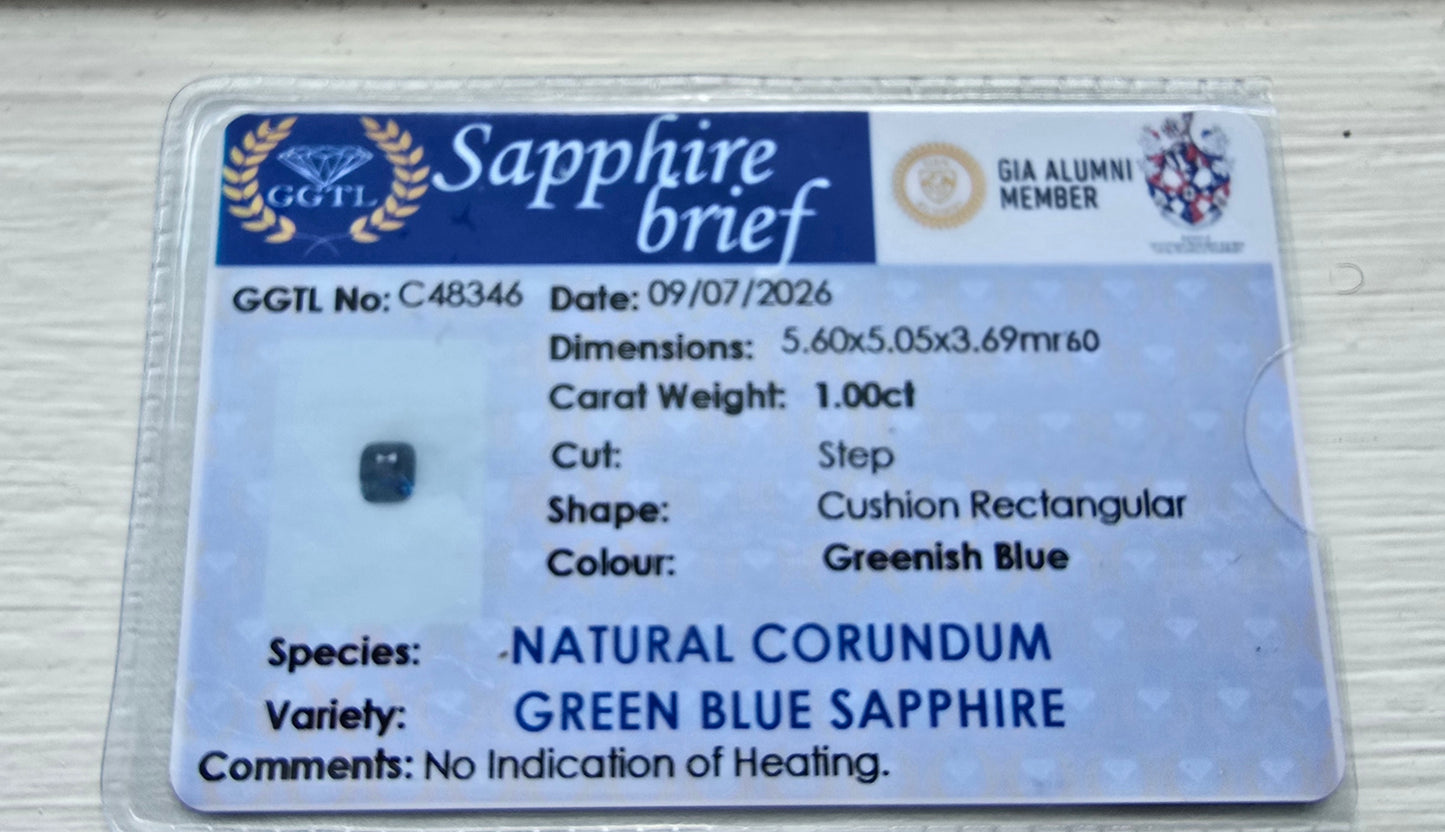 1.00ct Natural Greenish Blue Sapphire | Cushion | Unheated