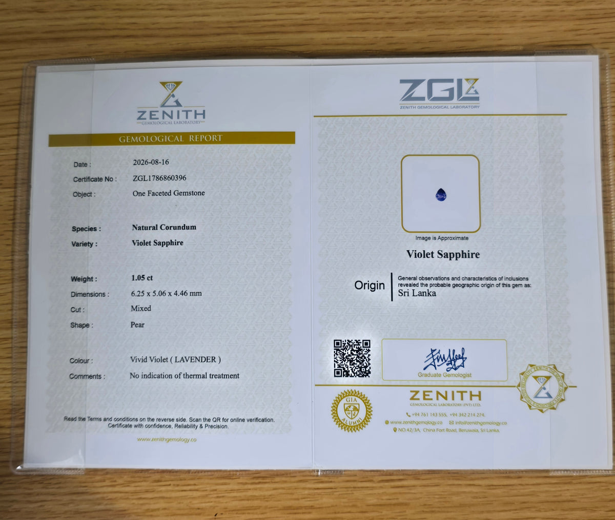 Zenith Gem Lab report for a 1.05ct natural violet pear-cut sapphire