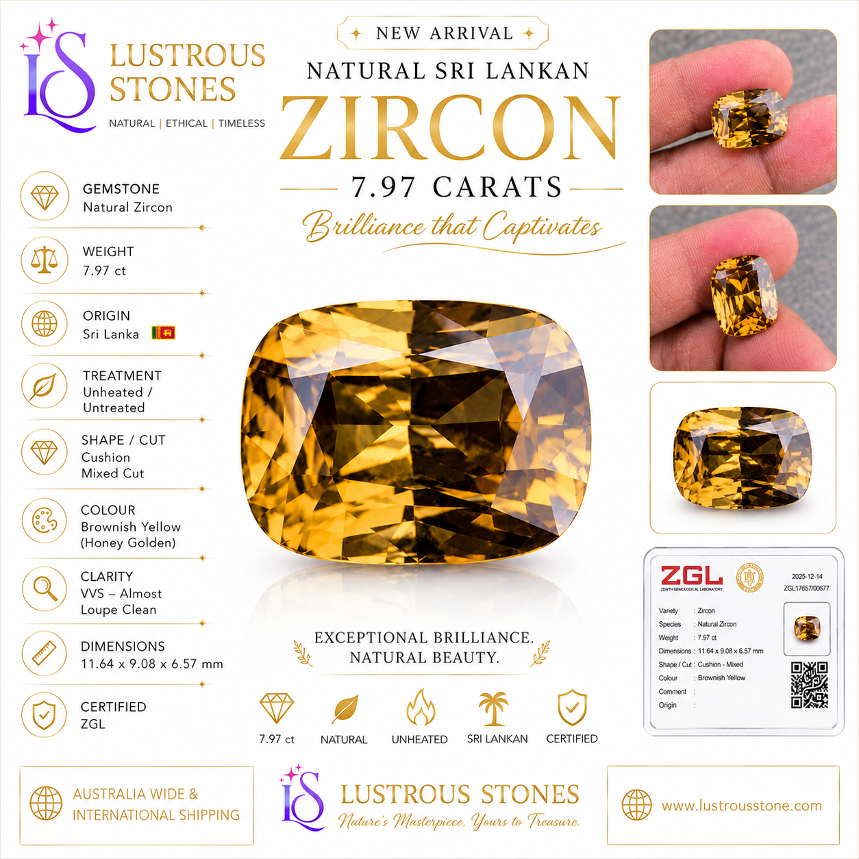 7.97 Ct Natural Brownish Yellow Zircon | Cushion Shape | Unheated