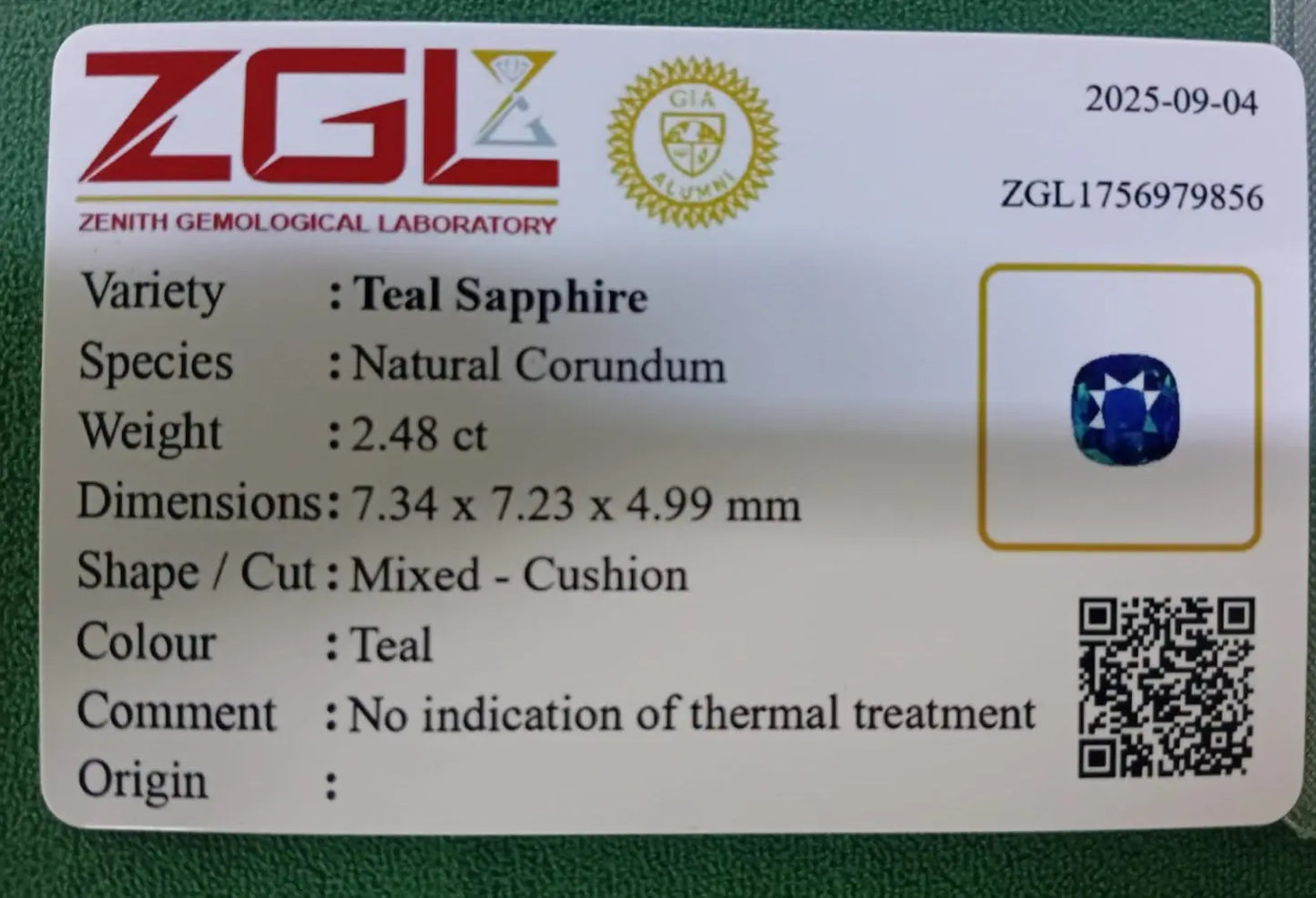 2.48Ct Natural Teal Sapphaire | Cushion | Unheated Lustrous Stones