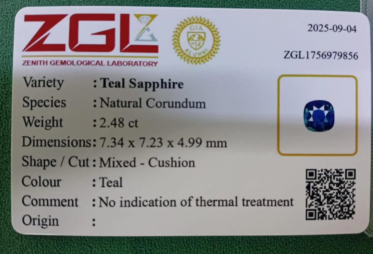 2.48Ct Natural Teal Sapphaire | Cushion | Unheated Lustrous Stones