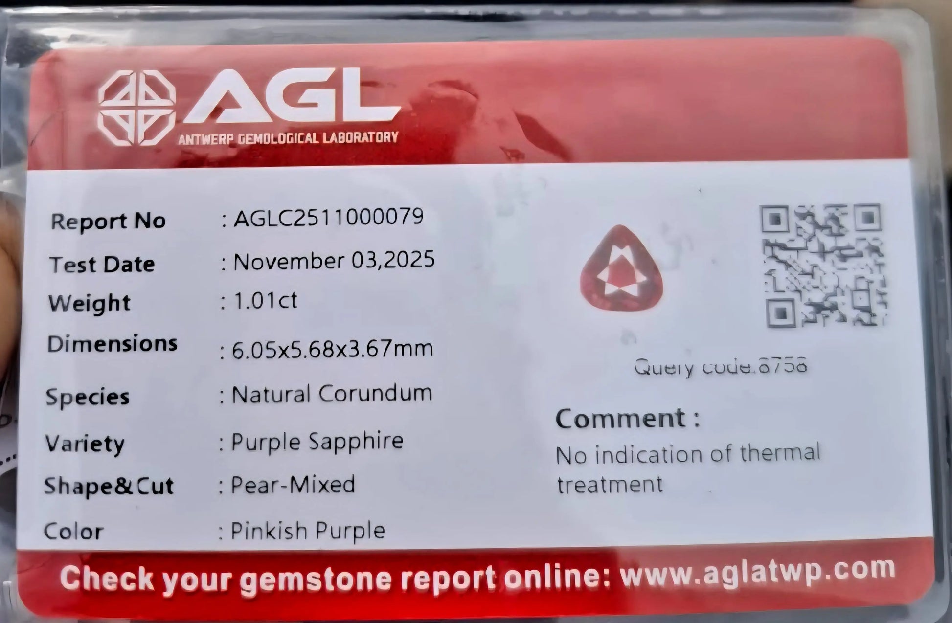 1.01Ct Natural Purple Sapphire | Pear | Unheated Lustrous Stones