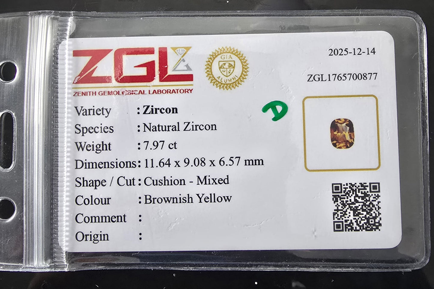 7.97 Ct Natural Brownish Yellow Zircon | Cushion Shape | Unheated
