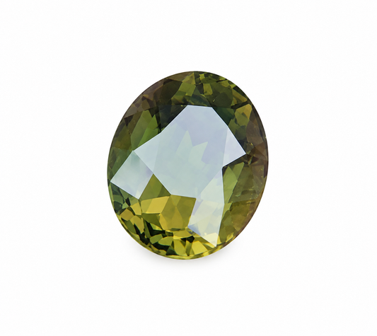 2.29ct natural brownish green oval kornerupine gemstone on a white background