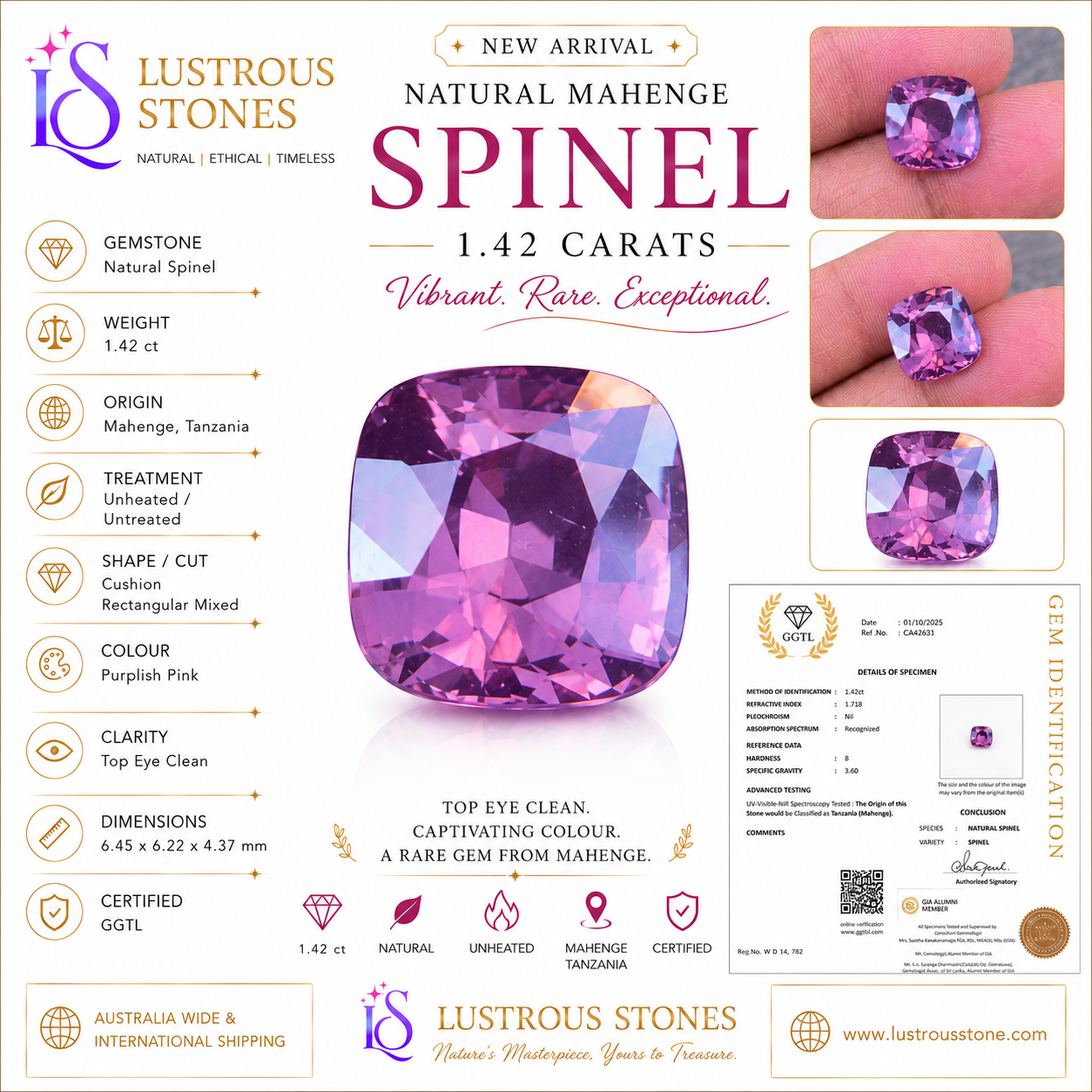 1.42 ct Natural Mahenge Spinel | Cushion Cut | Unheated