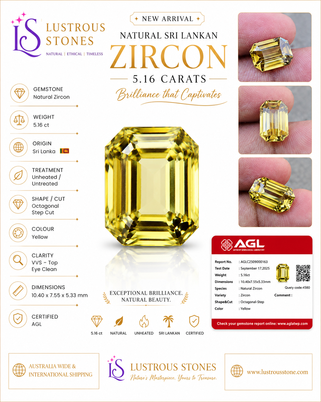 5.16Ct Natural Yellow Zircon | Rectangular | Unheated