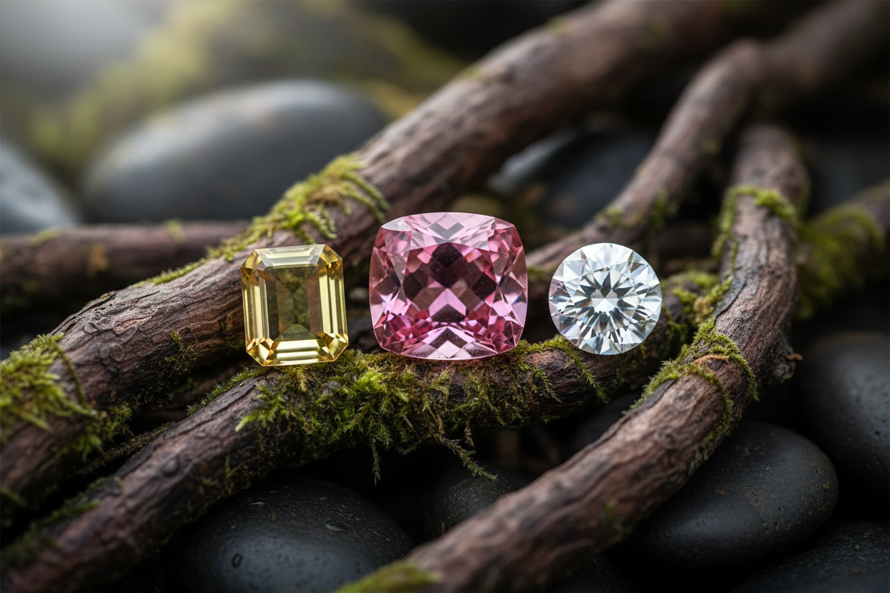 three cut and polished gemstone of pink yellow and white colour with some natural background